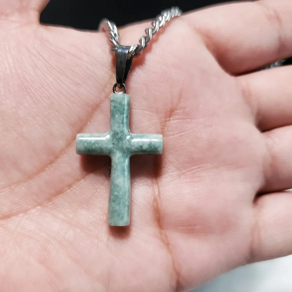 Jade‎ Cross Pendant Natural Rough Green Stainless Steel Chain 925 Pendant